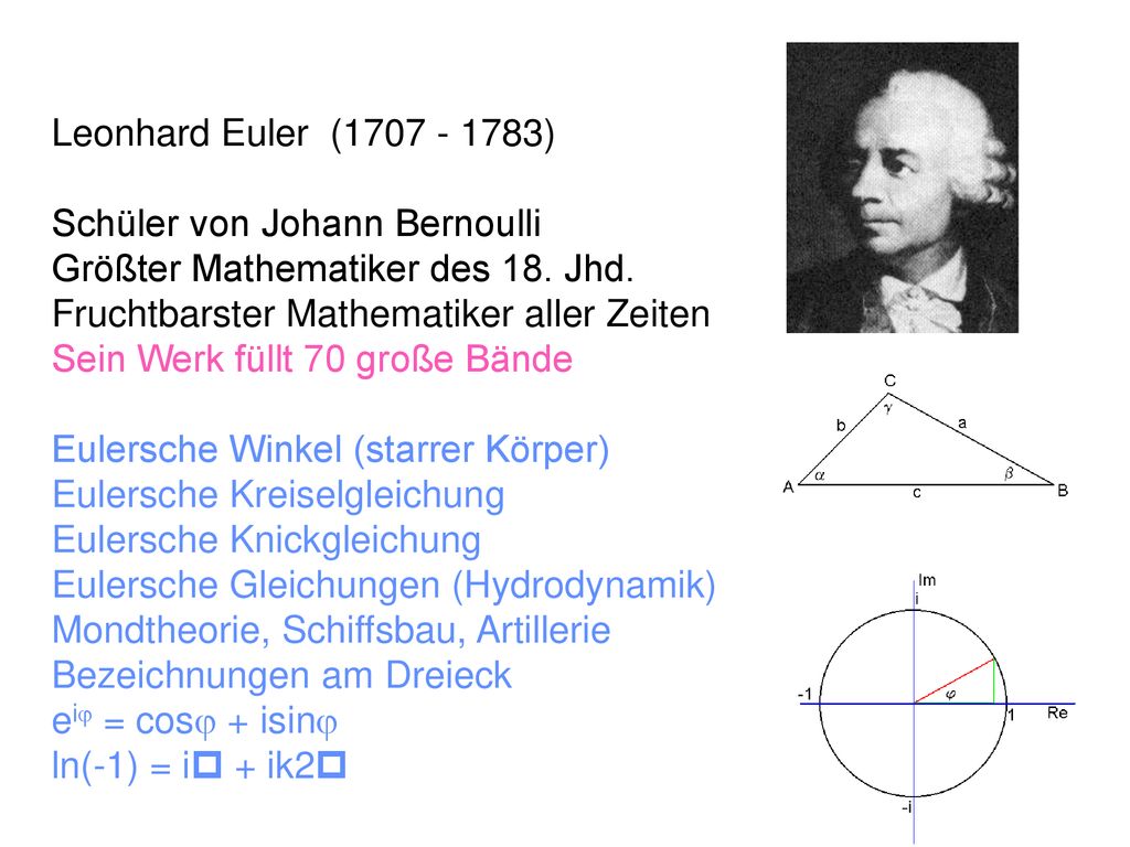 Leonhard Euler ( ) Schüler von Johann Bernoulli. Größter Mathematiker des 18. Jhd. Fruchtbarster Mathematiker aller Zeiten.