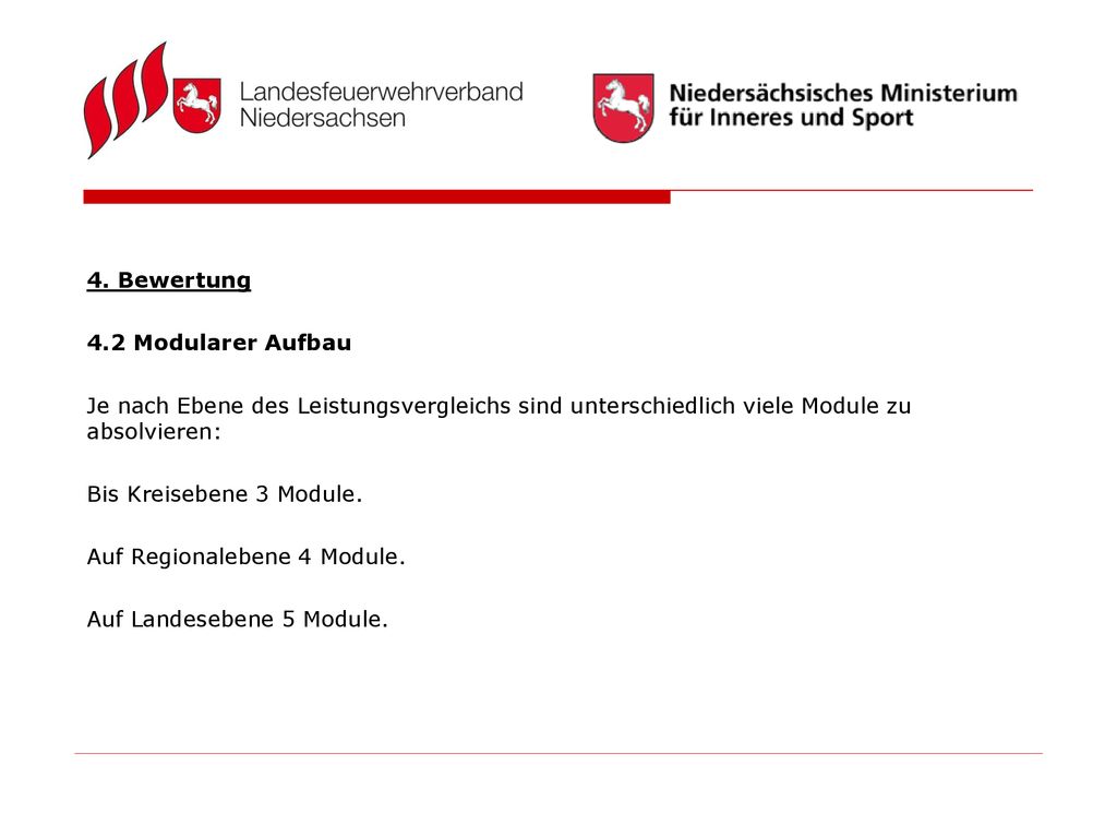 4. Bewertung 4.2 Modularer Aufbau. Je nach Ebene des Leistungsvergleichs sind unterschiedlich viele Module zu absolvieren: