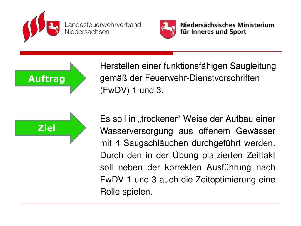 Herstellen einer funktionsfähigen Saugleitung gemäß der Feuerwehr-Dienstvorschriften (FwDV) 1 und 3.