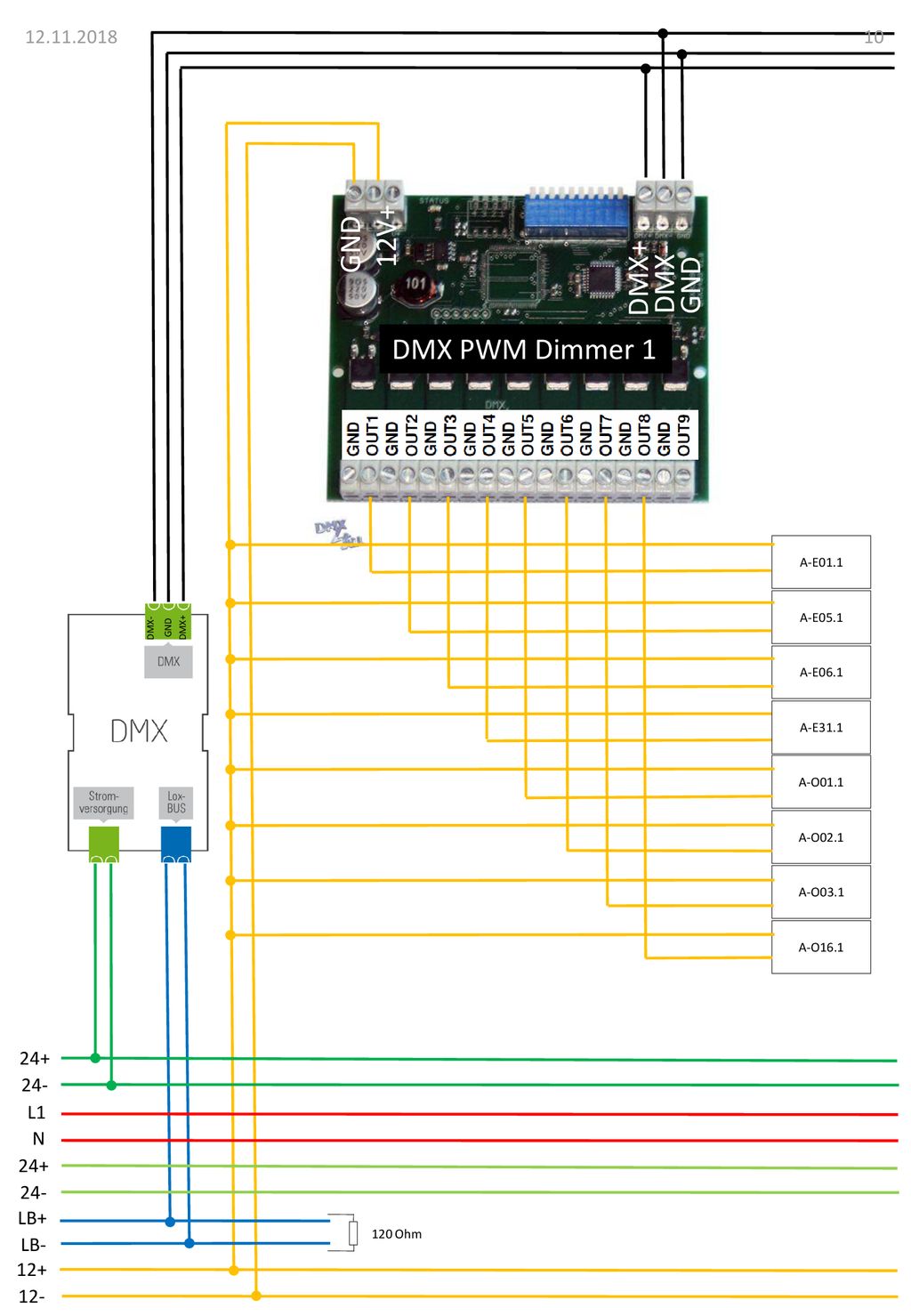 12V+ GND DMX+ DMX- GND DMX PWM Dimmer L1 N 24+