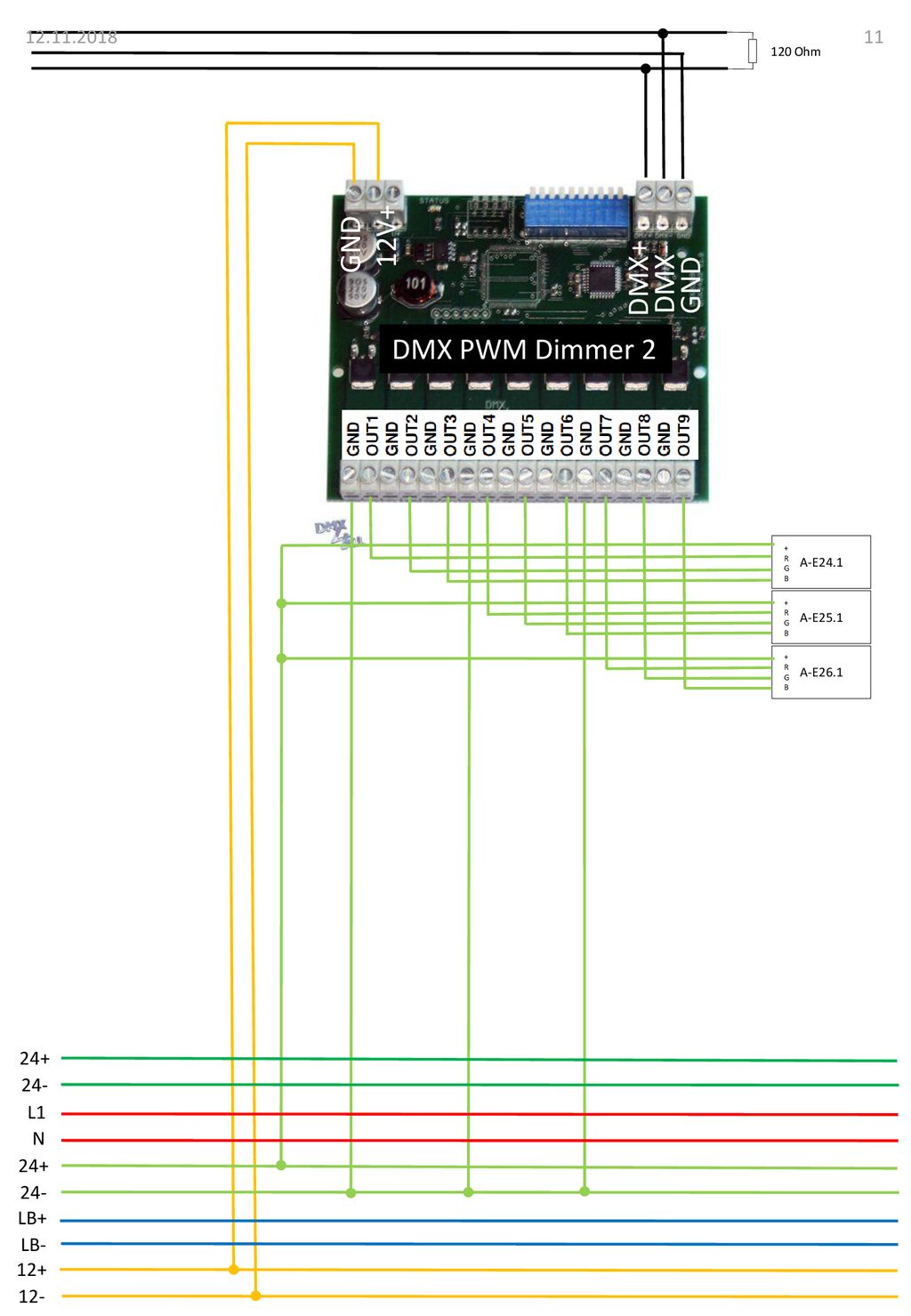 12V+ GND DMX+ DMX- GND DMX PWM Dimmer L1 N 24+