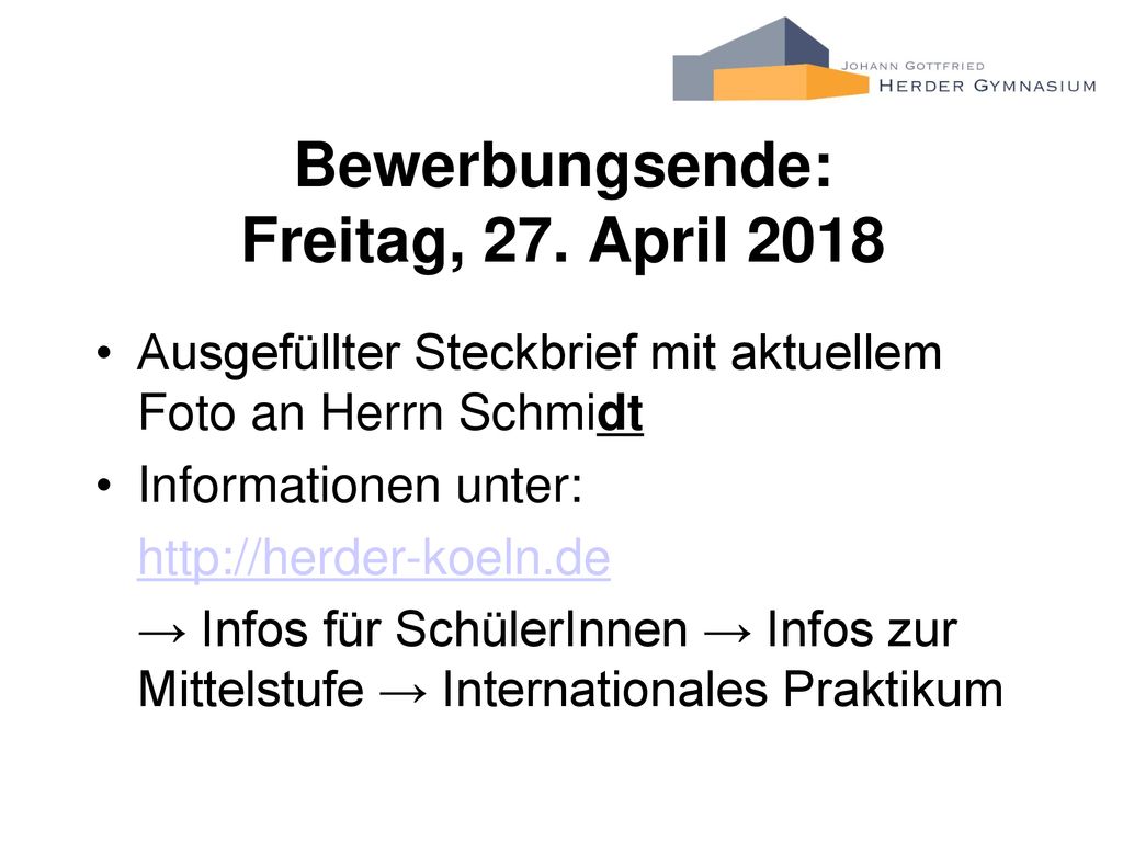 Bewerbungsende: Freitag, 27. April 2018
