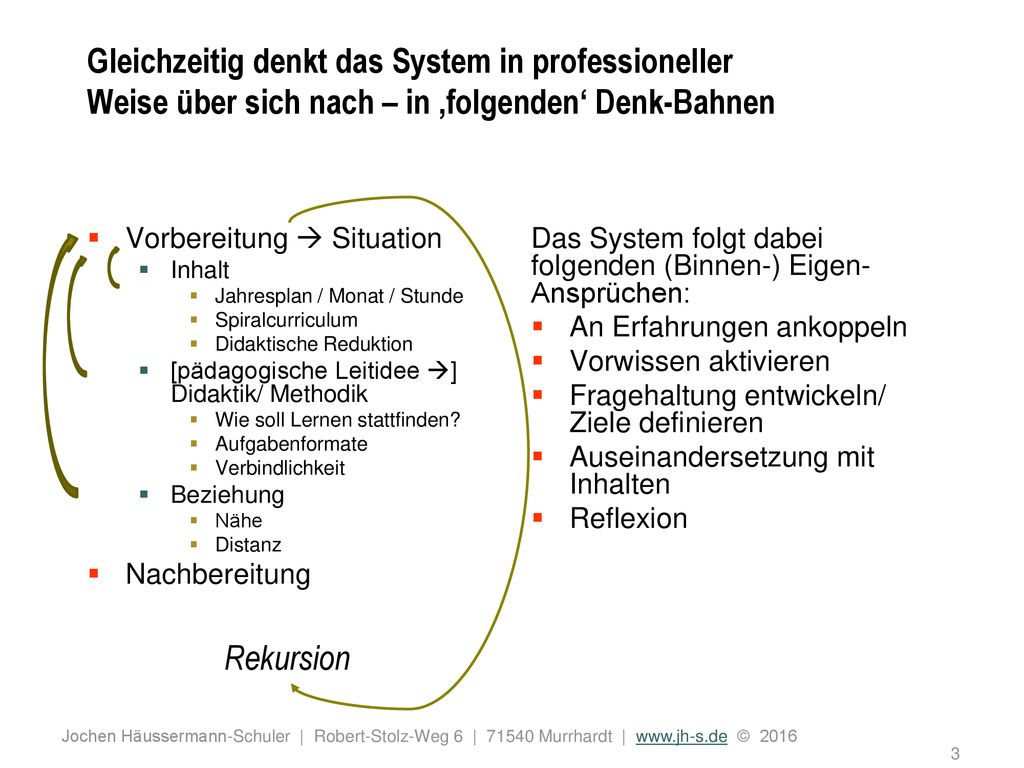 Gleichzeitig denkt das System in professioneller Weise über sich nach – in ‚folgenden‘ Denk-Bahnen