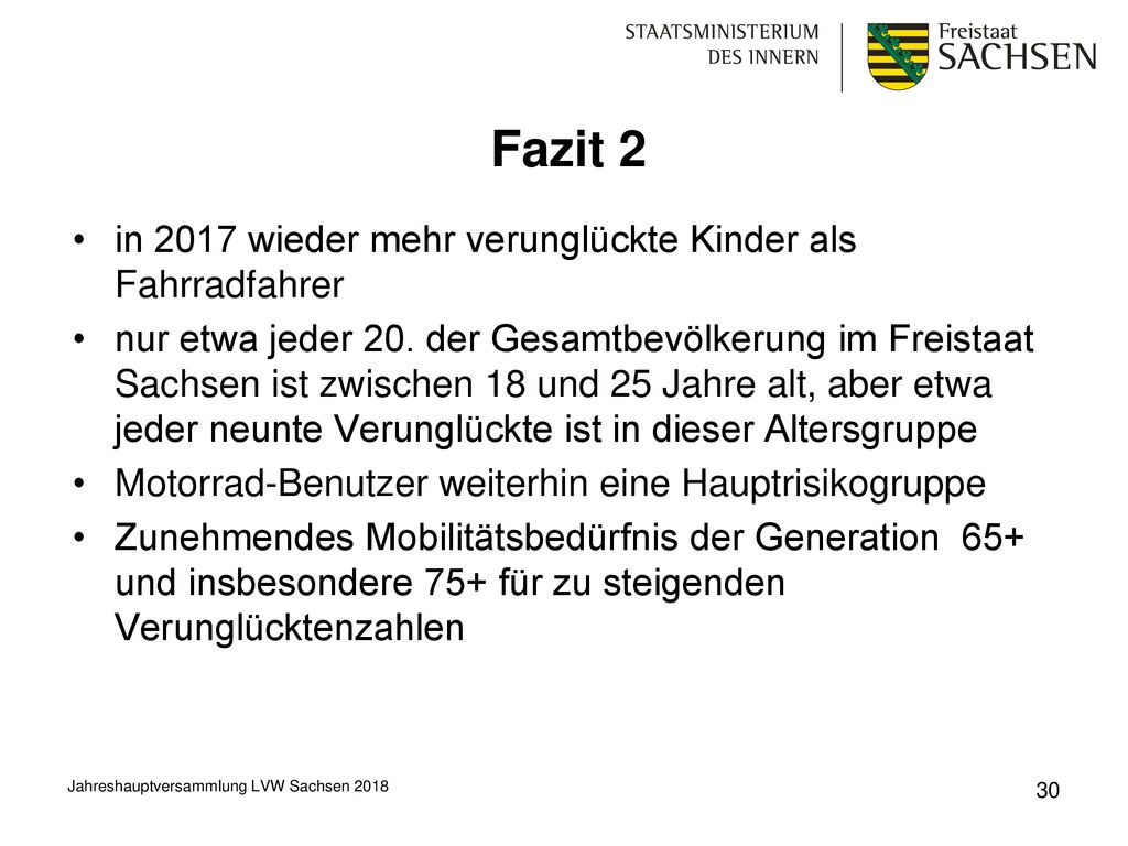 Fazit 2 in 2017 wieder mehr verunglückte Kinder als Fahrradfahrer
