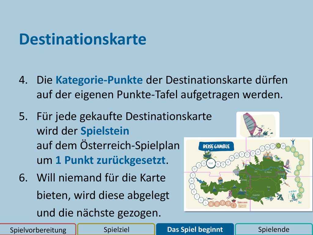 Destinationskarte Die Kategorie-Punkte der Destinationskarte dürfen auf der eigenen Punkte-Tafel aufgetragen werden.