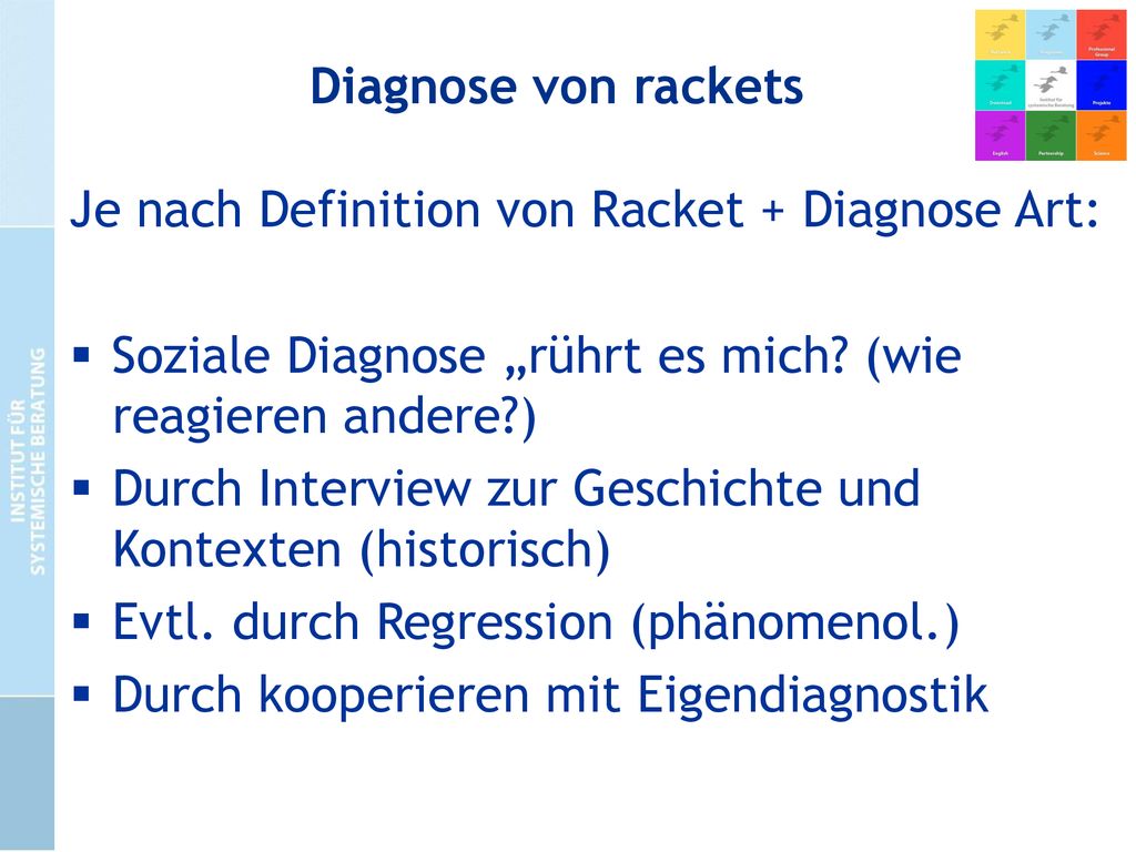 Diagnose von rackets Je nach Definition von Racket + Diagnose Art: Soziale Diagnose „rührt es mich (wie reagieren andere )