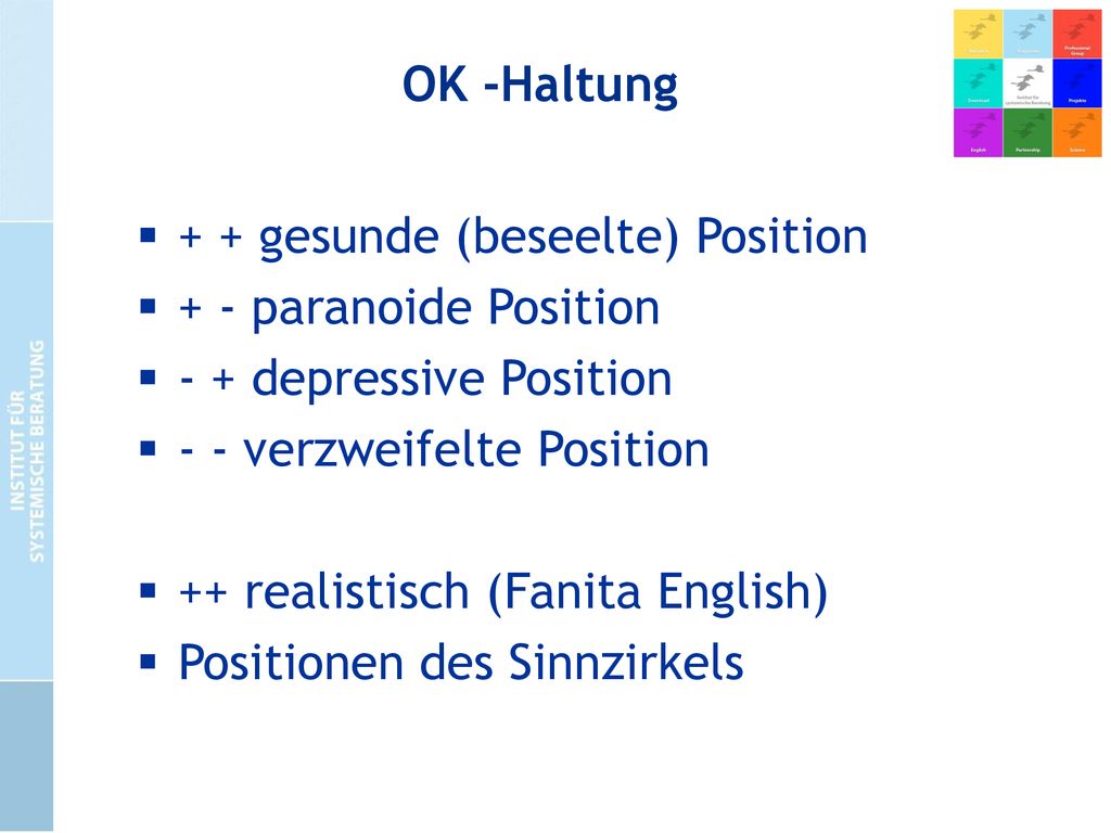 OK -Haltung + + gesunde (beseelte) Position. + - paranoide Position. - + depressive Position. - - verzweifelte Position.