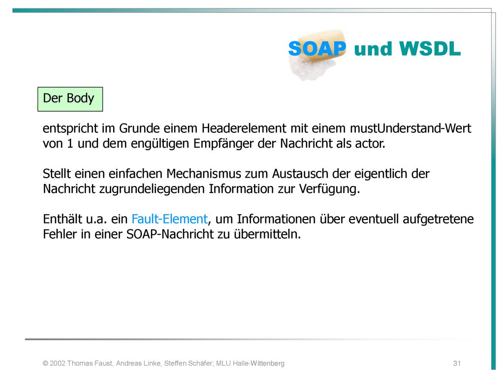 SOAP und WSDL Der Body. entspricht im Grunde einem Headerelement mit einem mustUnderstand-Wert.