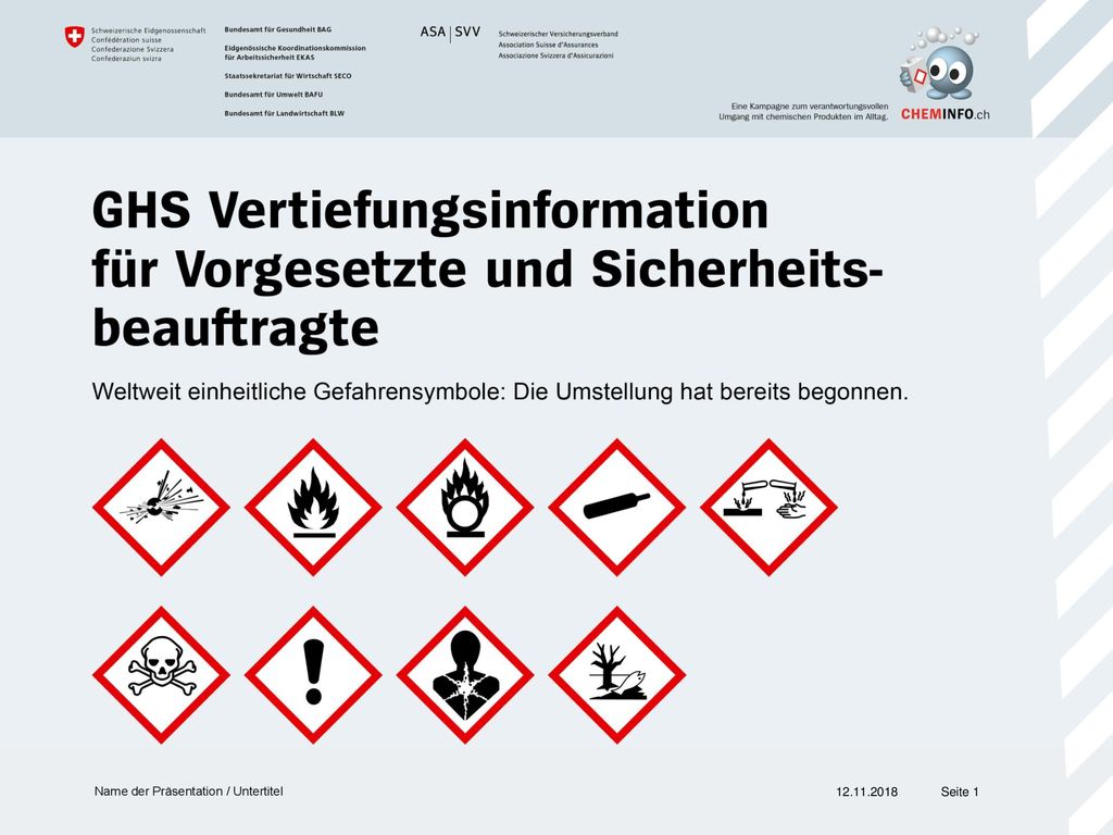 Der Bund wird im September 2012 eine Kampagne für die breite Öffentlichkeit starten. Bereits vor dem offiziellen Kampagnenstart stellt er den Betrieben Unterlagen für eine interne Schulung zum Umgang mit GHS gekennzeichneten Produkten (diese Folien) zur Verfügung. Diese Präsentation enthält weiterführende Informationen zum Thema «GHS», welche nicht zwangsläufig jeder im Betrieb kennen muss. Sie ist auf einen Sicherheitsbeauftragten zugeschnitten.