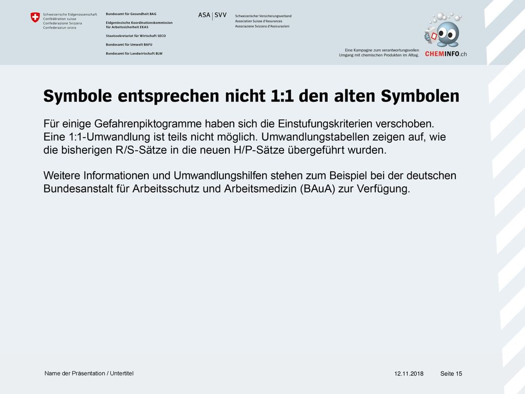 Es gibt Umwandlungshilfen von orange (bisher) nach rotweiss (GHS), welche im Detail aufzeigen, wie die bisherigen R/S-Sätze in die neuen H/P-Sätzen übergeführt wurden.