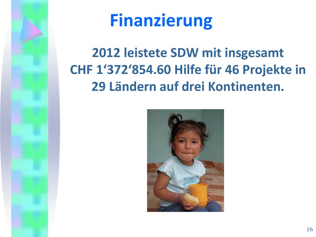 Finanzierung 2012 leistete SDW mit insgesamt CHF 1‘372‘ Hilfe für 46 Projekte in 29 Ländern auf drei Kontinenten.