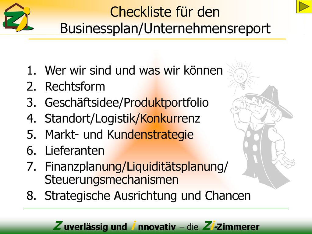 Checkliste für den Businessplan/Unternehmensreport