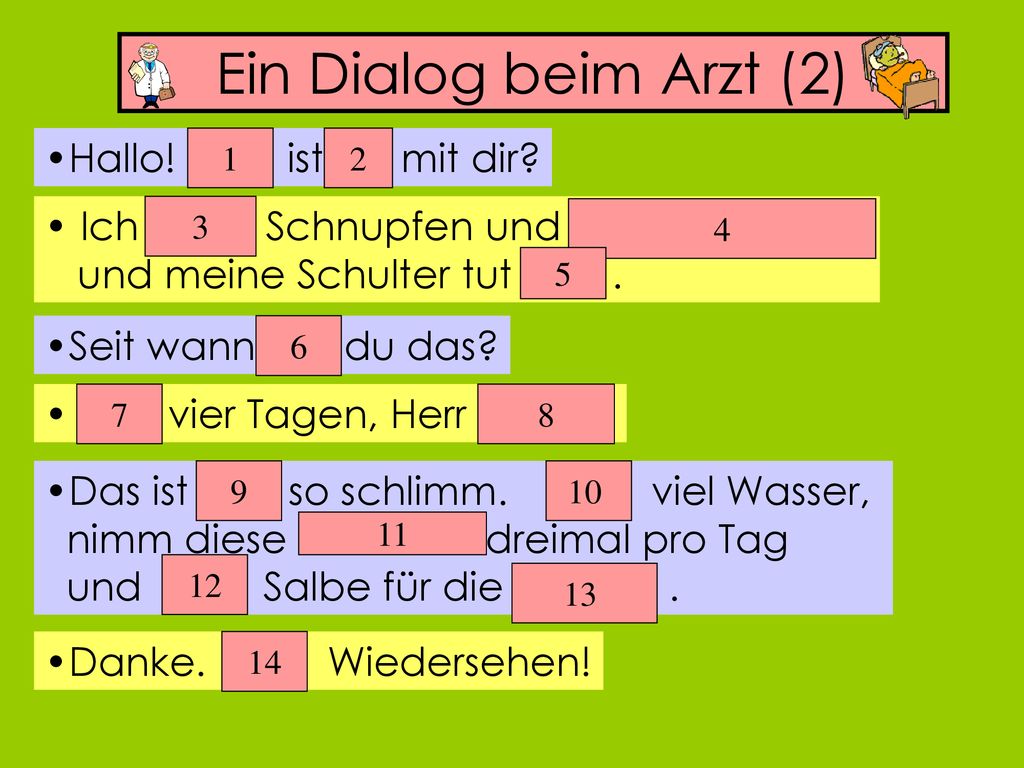 Ein Dialog beim Arzt (2) Hallo! ist mit dir Ich habe Schnupfen und