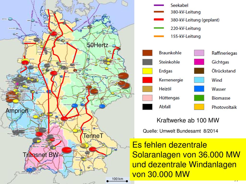 50Hertz Amprion. Kraftwerke ab 100 MW. Quelle: Umwelt Bundesamt 8/2014. TenneT.