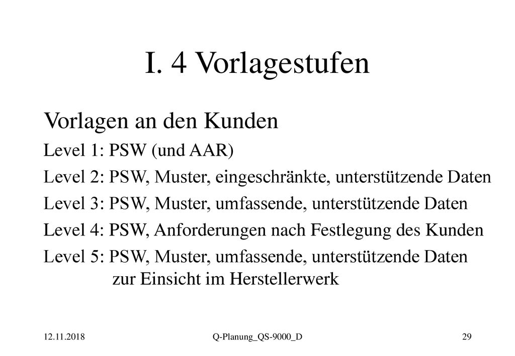 I. 4 Vorlagestufen Vorlagen an den Kunden Level 1: PSW (und AAR)
