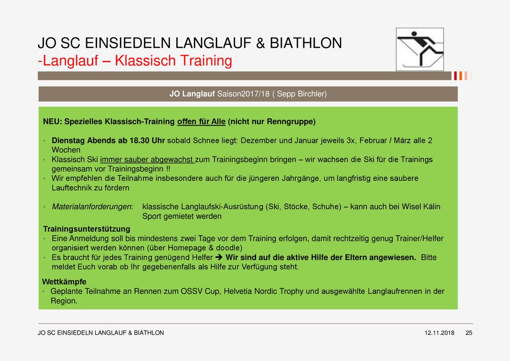 JO SC EINSIEDELN LANGLAUF & BIATHLON -Langlauf – Klassisch Training