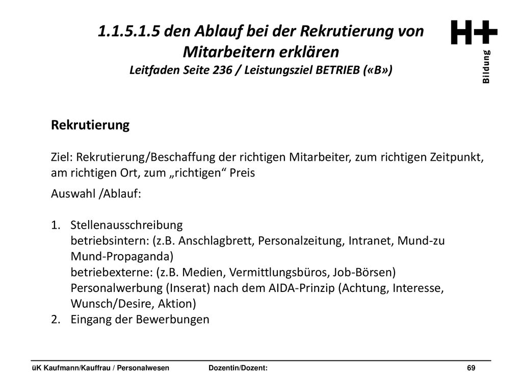 den Ablauf bei der Rekrutierung von Mitarbeitern erklären Leitfaden Seite 236 / Leistungsziel BETRIEB («B»)