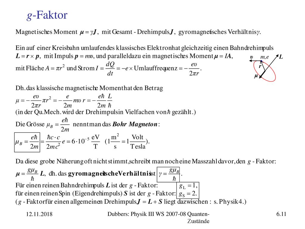 g-Faktor υ m,e L r μ Dubbers: Physik III WS Quanten-Zustände