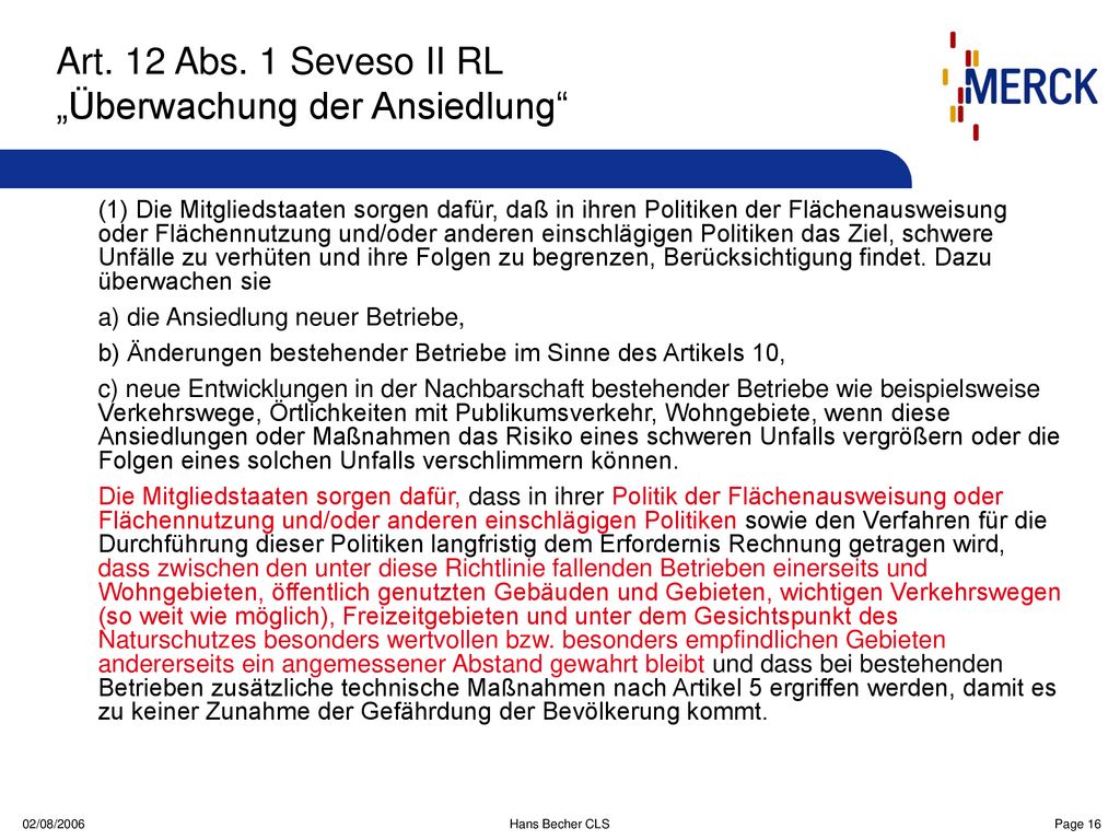 Art. 12 Abs. 1 Seveso II RL „Überwachung der Ansiedlung