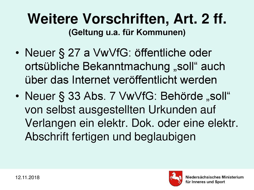 Weitere Vorschriften, Art. 2 ff. (Geltung u.a. für Kommunen)