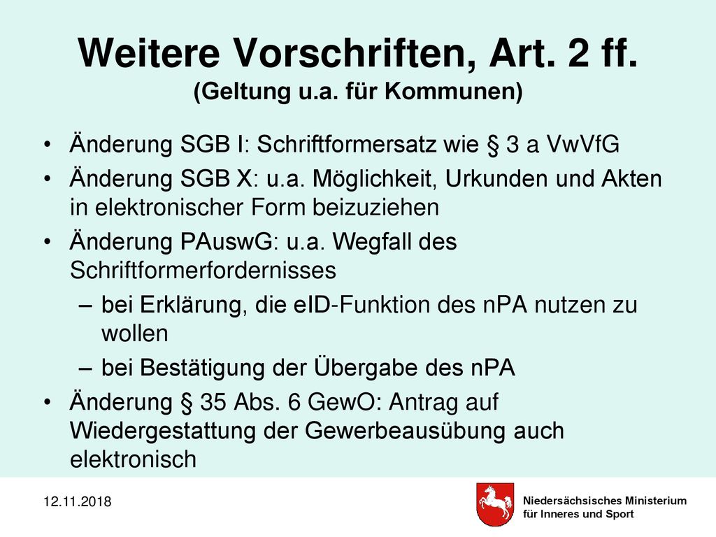 Weitere Vorschriften, Art. 2 ff. (Geltung u.a. für Kommunen)