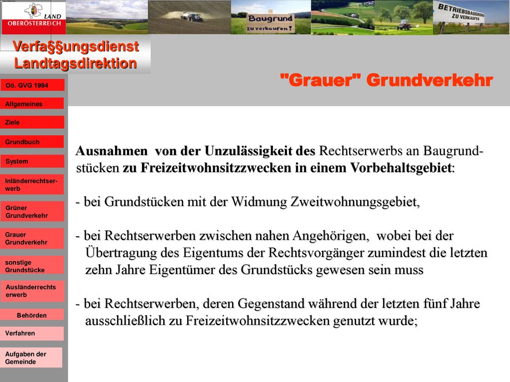 Grauer Grundverkehr Ausnahmen von der Unzulässigkeit des Rechtserwerbs an Baugrund-stücken zu Freizeitwohnsitzzwecken in einem Vorbehaltsgebiet:
