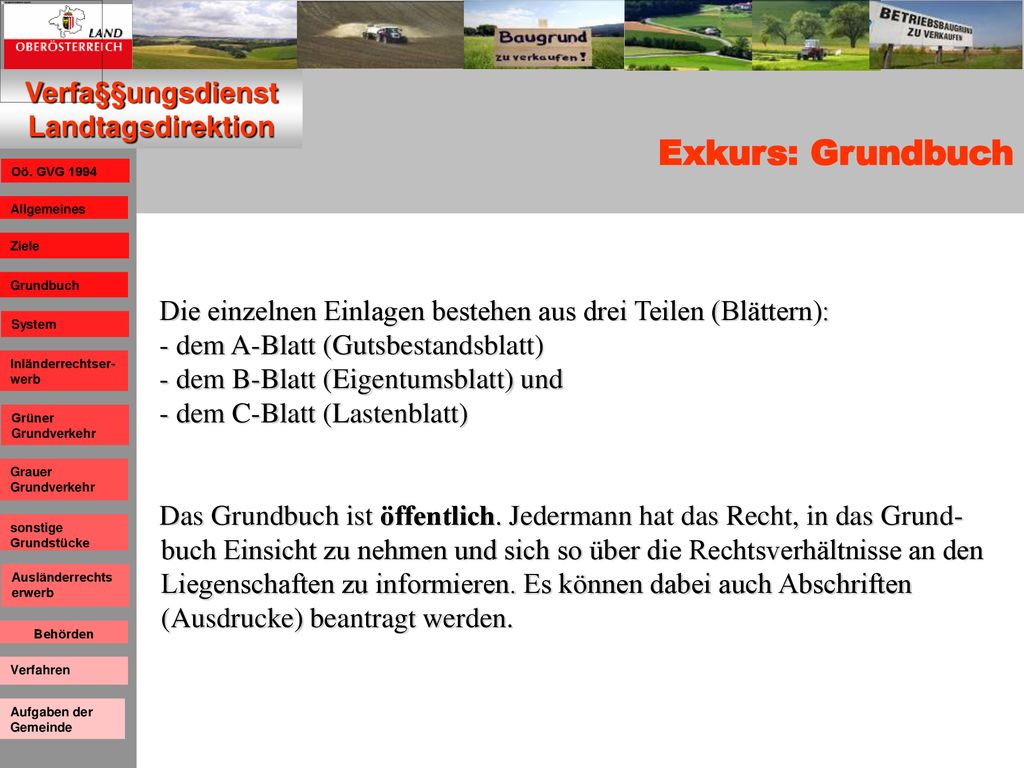 Exkurs: Grundbuch Die einzelnen Einlagen bestehen aus drei Teilen (Blättern): - dem A-Blatt (Gutsbestandsblatt)