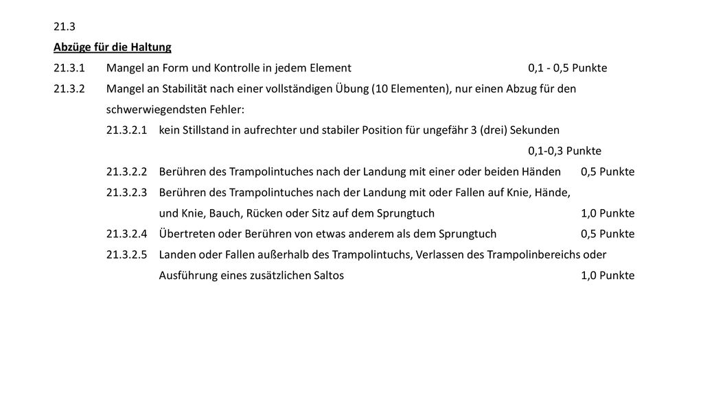 21.3 Abzüge für die Haltung Mangel an Form und Kontrolle in jedem Element 0,1 - 0,5 Punkte Mangel an Stabilität nach einer vollständigen Übung (10 Elementen), nur einen Abzug für den schwerwiegendsten Fehler: kein Stillstand in aufrechter und stabiler Position für ungefähr 3 (drei) Sekunden 0,1-0,3 Punkte Berühren des Trampolintuches nach der Landung mit einer oder beiden Händen 0,5 Punkte Berühren des Trampolintuches nach der Landung mit oder Fallen auf Knie, Hände, und Knie, Bauch, Rücken oder Sitz auf dem Sprungtuch 1,0 Punkte Übertreten oder Berühren von etwas anderem als dem Sprungtuch 0,5 Punkte Landen oder Fallen außerhalb des Trampolintuchs, Verlassen des Trampolinbereichs oder Ausführung eines zusätzlichen Saltos 1,0 Punkte