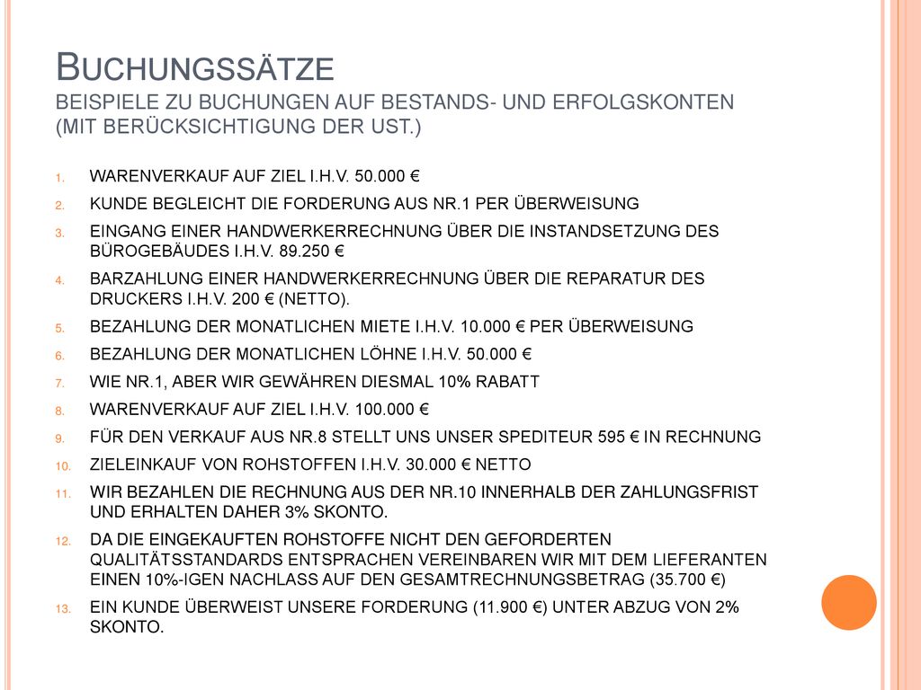 Buchungssätze BEISPIELE ZU BUCHUNGEN AUF BESTANDS- UND ERFOLGSKONTEN (MIT BERÜCKSICHTIGUNG DER UST.)