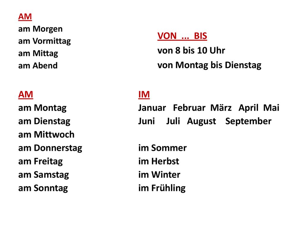 von Montag bis Dienstag