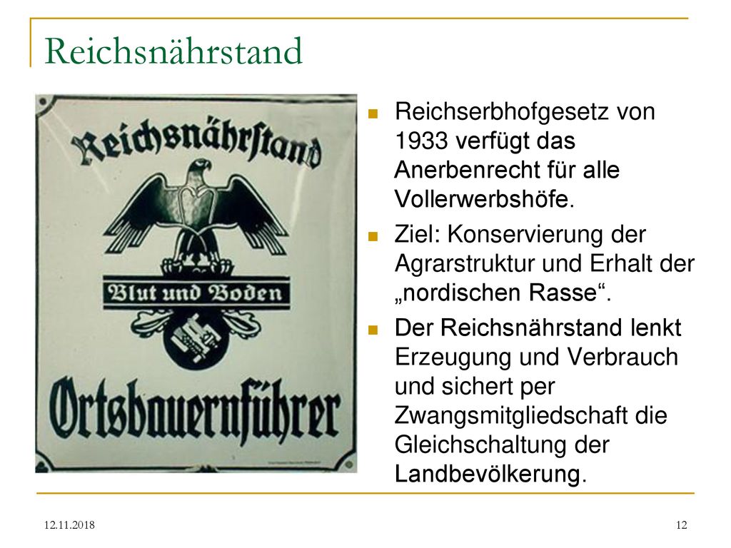 Reichsnährstand Reichserbhofgesetz von 1933 verfügt das Anerbenrecht für alle Vollerwerbshöfe.