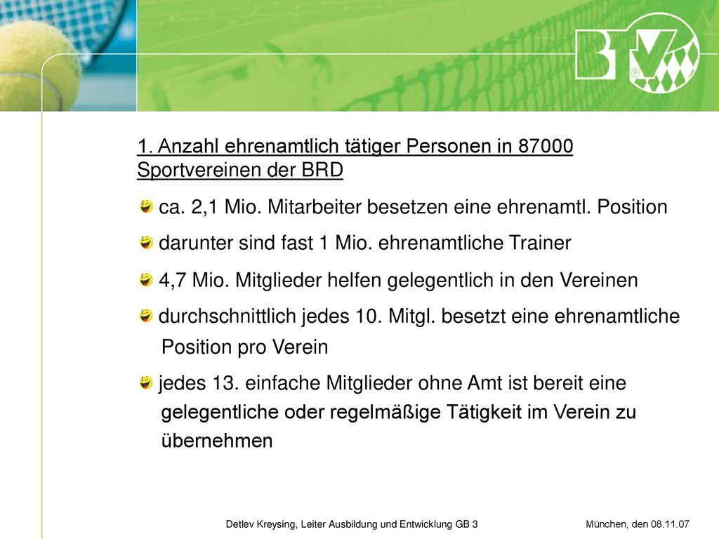 1. Anzahl ehrenamtlich tätiger Personen in Sportvereinen der BRD