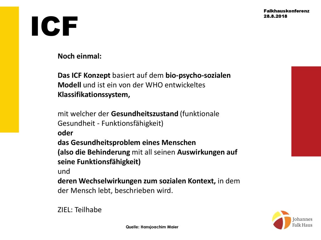 ICF Noch einmal: Das ICF Konzept basiert auf dem bio-psycho-sozialen Modell und ist ein von der WHO entwickeltes Klassifikationssystem,