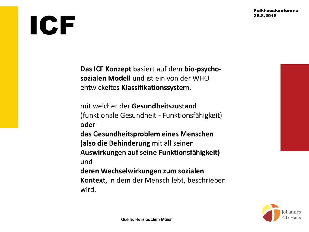 ICF Das ICF Konzept basiert auf dem bio-psycho-sozialen Modell und ist ein von der WHO entwickeltes Klassifikationssystem,