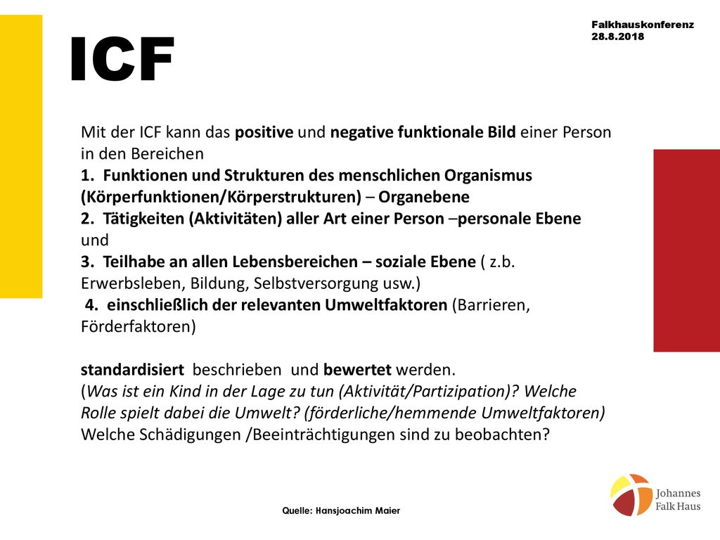 ICF Mit der ICF kann das positive und negative funktionale Bild einer Person in den Bereichen.