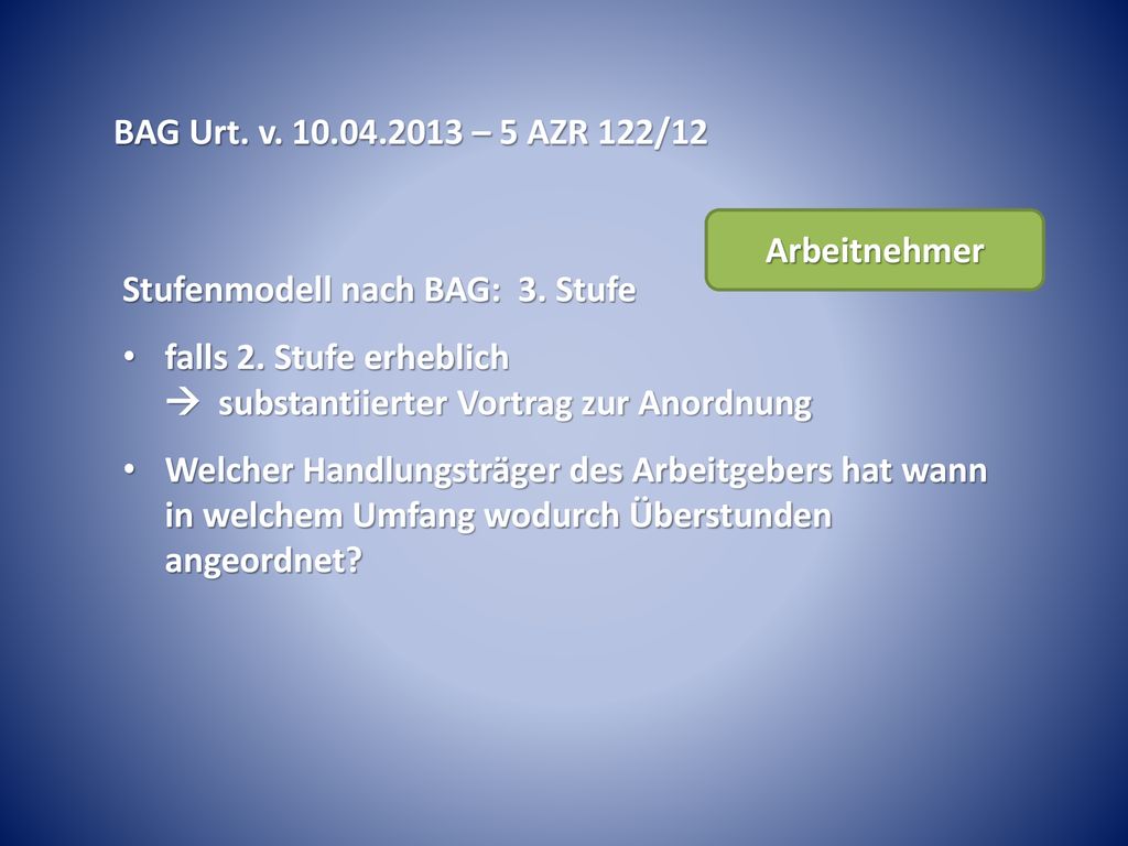 BAG Urt. v – 5 AZR 122/12 Arbeitnehmer. Stufenmodell nach BAG: 3. Stufe.