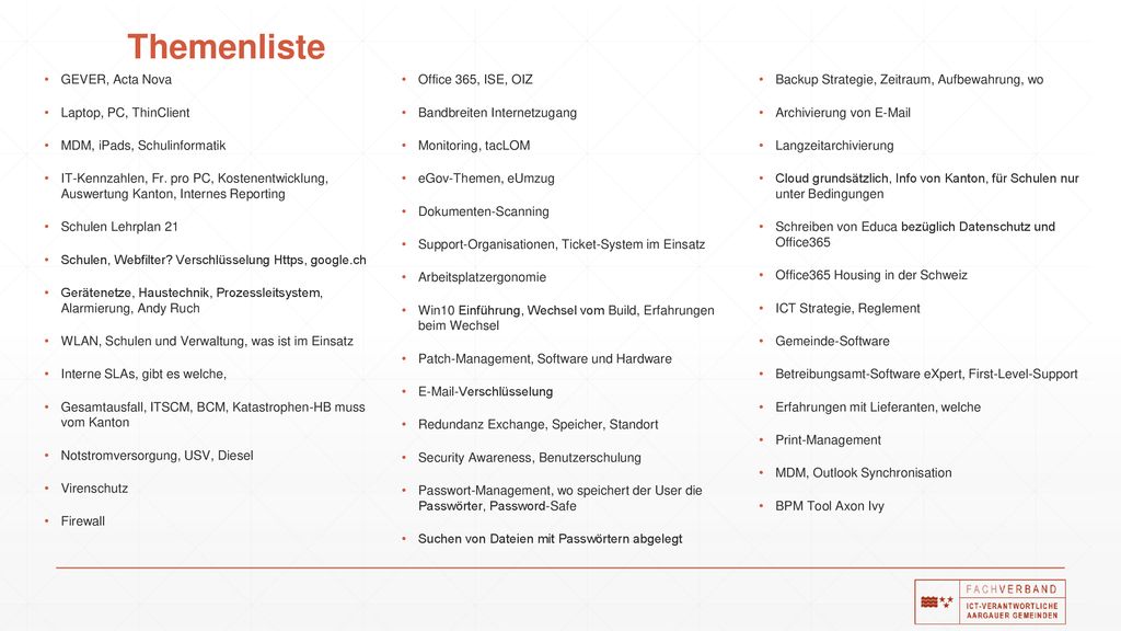Themenliste GEVER, Acta Nova Office 365, ISE, OIZ