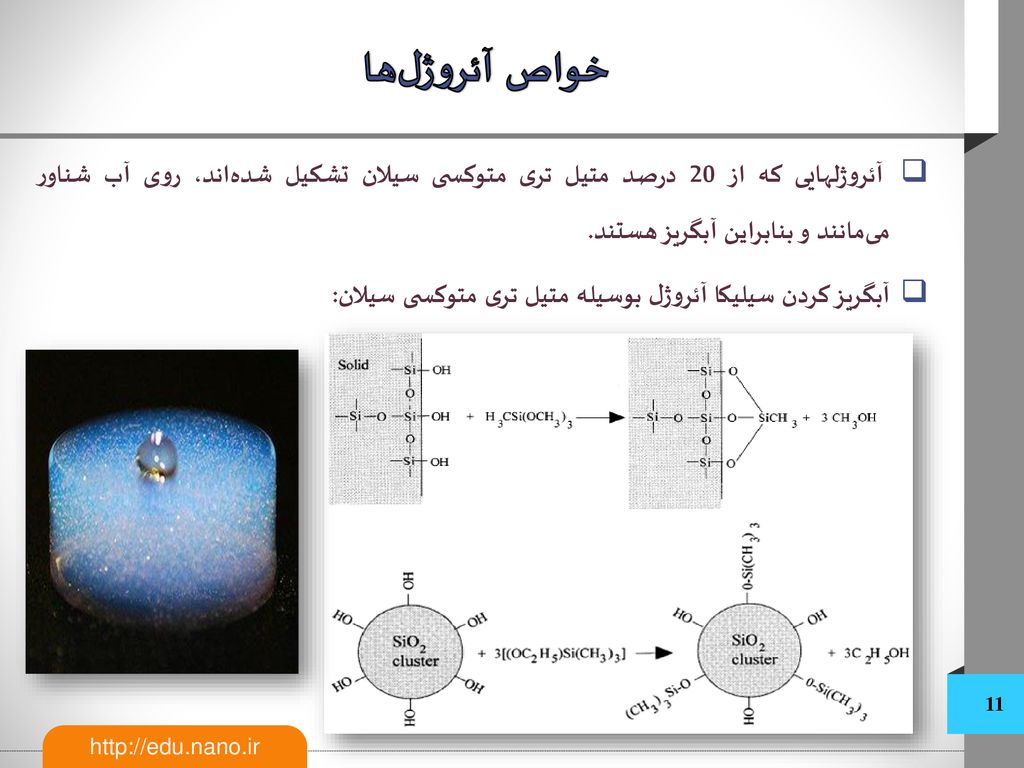 خواص آئروژل‌ها آئروژلهایی که از 20 درصد متیل تری متوکسی سیلان تشکیل شده‌اند، روی آب شناور می‌مانند و بنابراین آبگریز هستند.