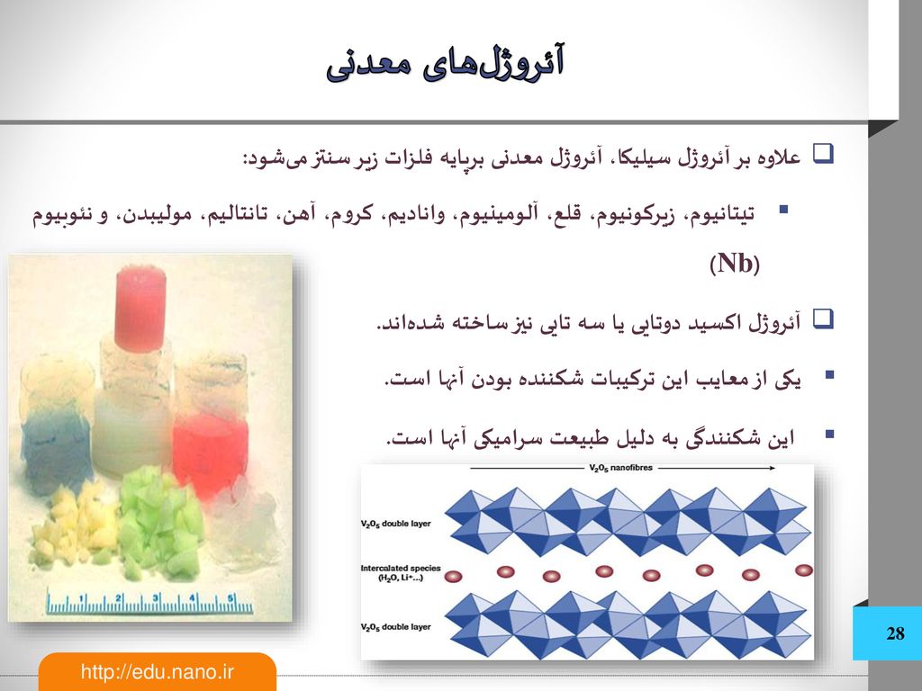 آئروژل‌های معدنی علاوه بر آئروژل سیلیکا، آئروژل معدنی برپایه فلزات زیر سنتز می‌شود:
