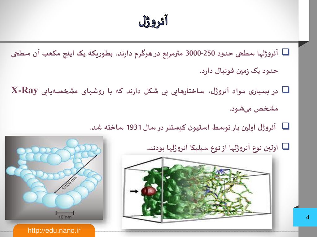 آئروژل آئروژلها سطحی حدود مترمربع در هرگرم دارند، بطوریکه یک اینچ مکعب آن سطحی حدود یک زمین فوتبال دارد.