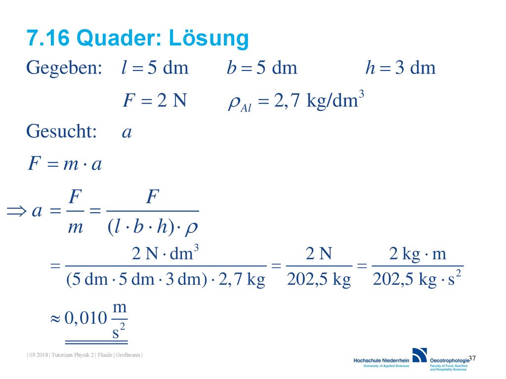 7.16 Quader: Lösung | | Tutorium Physik 2 | Fluide | Großmann |