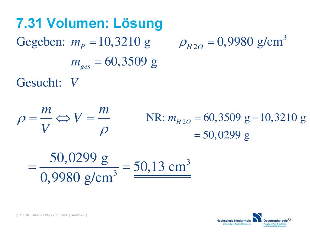 7.31 Volumen: Lösung | | Tutorium Physik 2 | Fluide | Großmann |