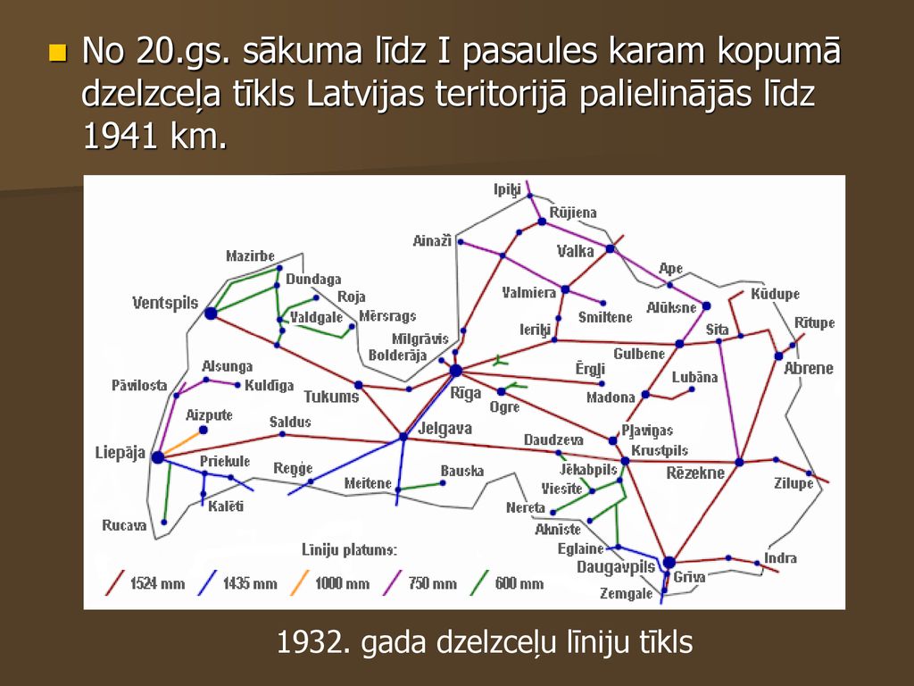 No 20.gs. sākuma līdz I pasaules karam kopumā dzelzceļa tīkls Latvijas teritorijā palielinājās līdz 1941 km.
