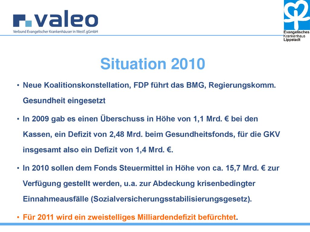 Situation 2010 Neue Koalitionskonstellation, FDP führt das BMG, Regierungskomm. Gesundheit eingesetzt.