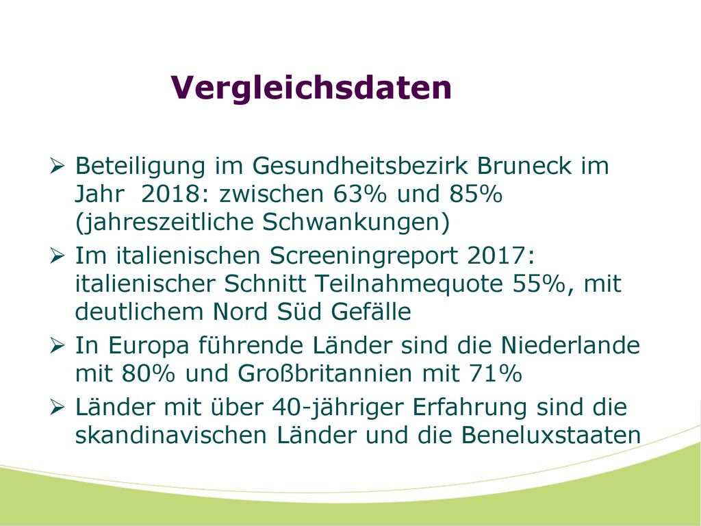 Vergleichsdaten Beteiligung im Gesundheitsbezirk Bruneck im Jahr 2018: zwischen 63% und 85% (jahreszeitliche Schwankungen)