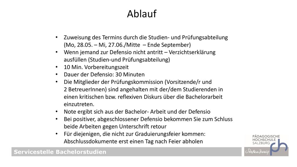 Ablauf Zuweisung des Termins durch die Studien- und Prüfungsabteilung (Mo, – Mi, /Mitte – Ende September)
