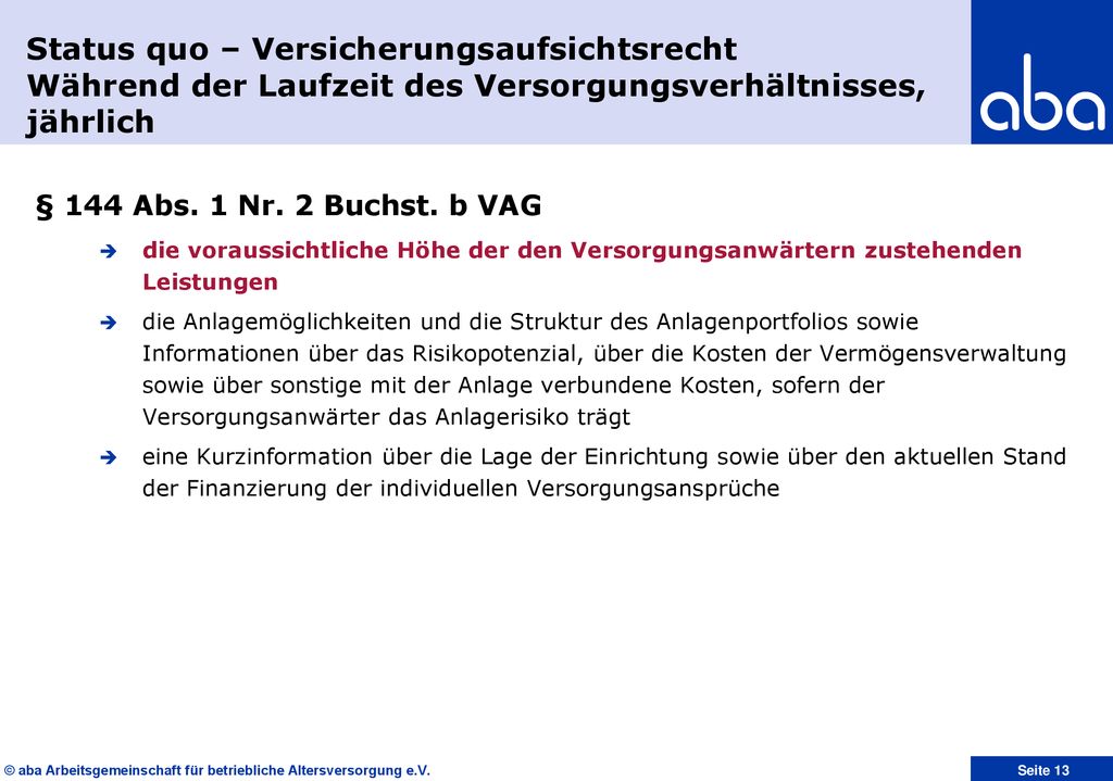 Status quo – Versicherungsaufsichtsrecht Während der Laufzeit des Versorgungsverhältnisses, jährlich