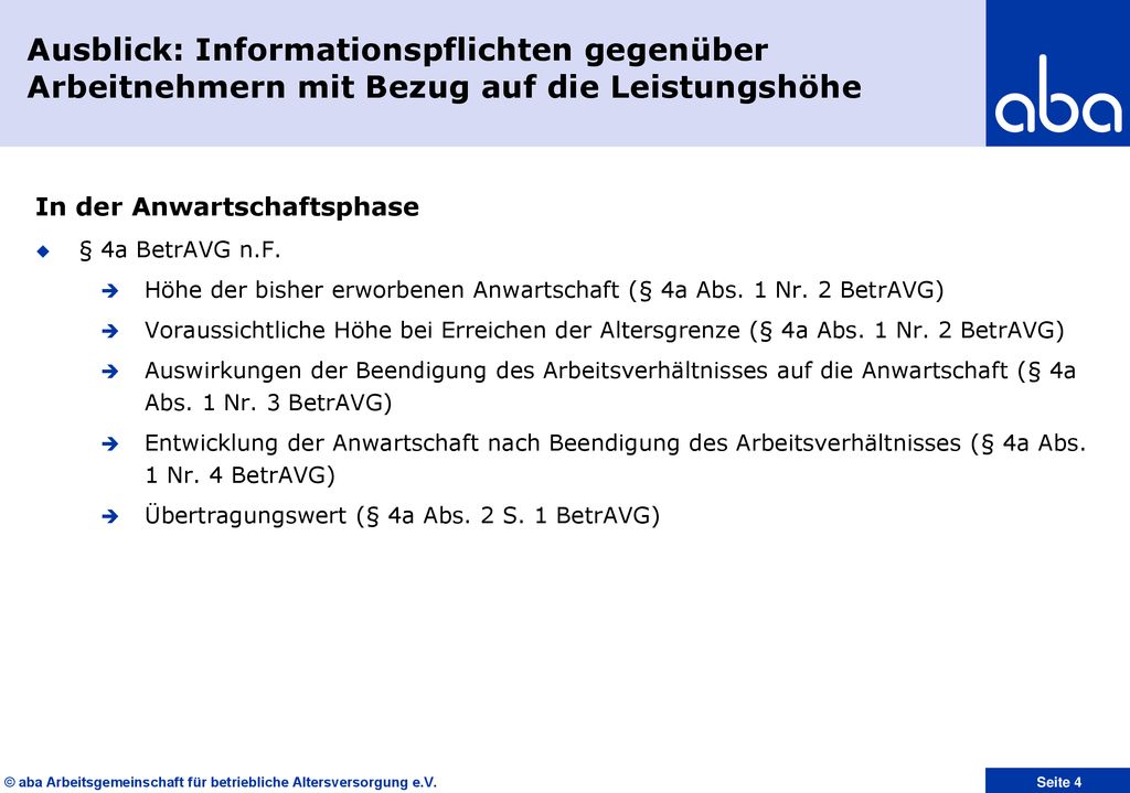 Ausblick: Informationspflichten gegenüber Arbeitnehmern mit Bezug auf die Leistungshöhe