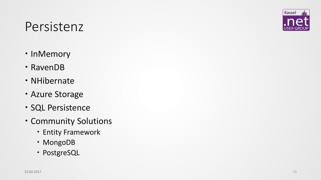 Persistenz InMemory RavenDB NHibernate Azure Storage SQL Persistence