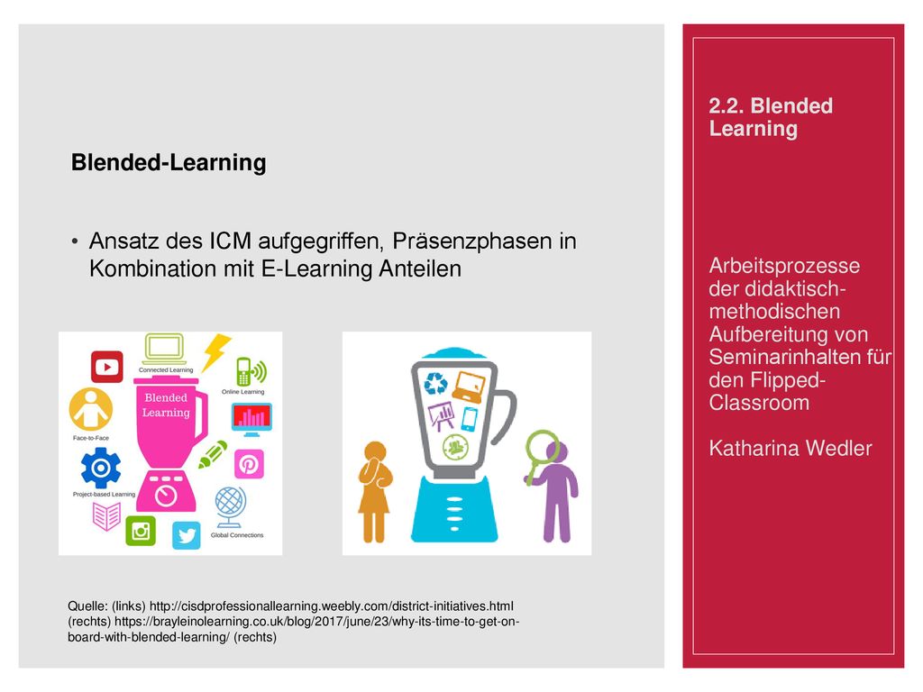 Blended-Learning Ansatz des ICM aufgegriffen, Präsenzphasen in Kombination mit E-Learning Anteilen.